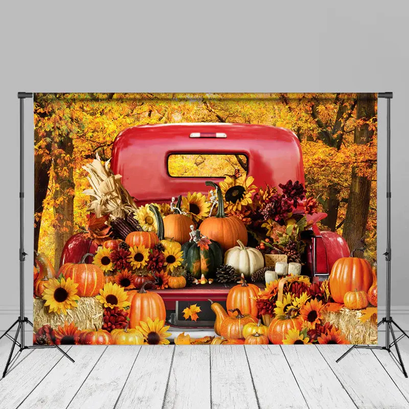 Maples Sunflowers Pumpkin Red Truck Autumn Backdrop - Aperturee