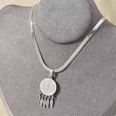 304 Stainless Steel Clear Cubic Zirconia Flat Round Saint Benedict Medal with Feather Pendant Necklaces