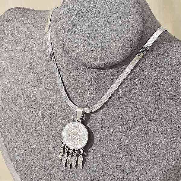 304 Stainless Steel Clear Cubic Zirconia Flat Round Saint Benedict Medal with Feather Pendant Necklaces