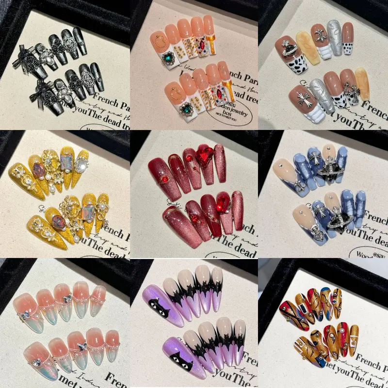 Press On Nails - Handmade Medium Length Glossy Nails with 3D Charm, Easy Gel Nail Polish, Includes Storage Box & Additional N...