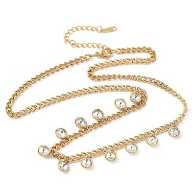 304 Stainless Steel Rhinestone Flat Round Tassel Twisted Chain Necklaces for Women