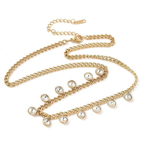 304 Stainless Steel Rhinestone Flat Round Tassel Twisted Chain Necklaces for Women