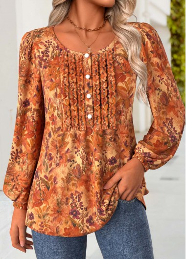 Modlily Terracotta Frill Floral Print Long Sleeve Round Neck Blouse - XXL