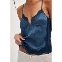 Women Summer Crop Camisole Casual Lace Patchwork V-Neck Spaghetti Straps Tank Tops Sleeveless T-Shirt Cute Blue Fashion Polye...