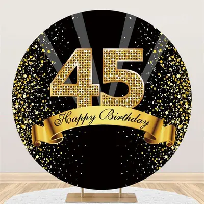 Aperturee Happy Birthday 45Th Party Black Gold Glitter Round Backdrops | Custom Circle Backdrop Birthday | Circle Backdrop Co...