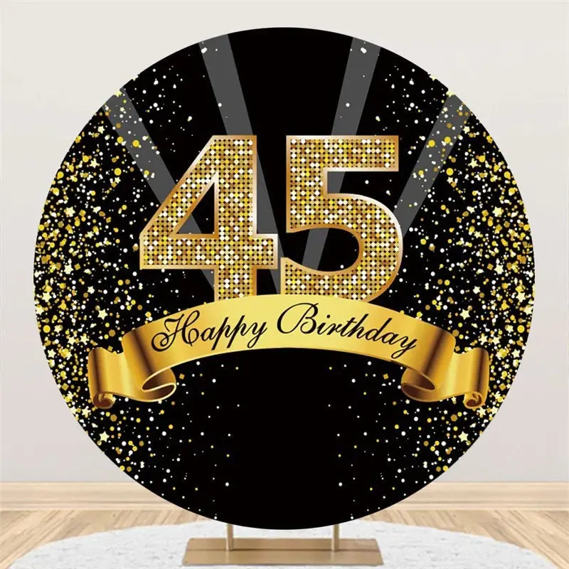Aperturee Happy Birthday 45Th Party Black Gold Glitter Round Backdrops | Custom Circle Backdrop Birthday | Circle Backdrop Co...