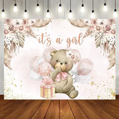 Aperturee Floral Teddy Bear Balloon Baby Shower Backdrop
