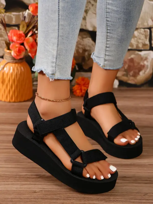 Women's Solid Color Hollow Out Design Velcro Sandals, Black Open Toe Casual Outdoor Sandals for Summer Beach, Fashion All-mat...