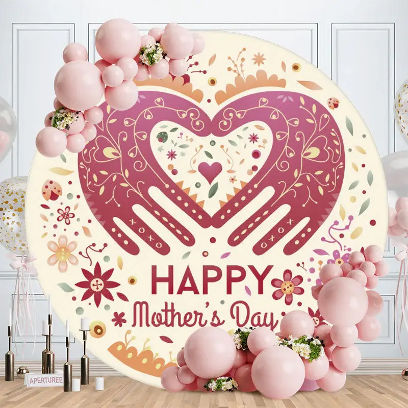 Aperturee Pink Hand Love Round Light Yellow Happy Mother Day Backdrop