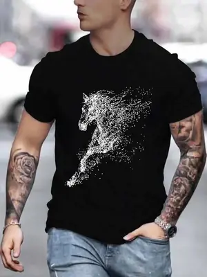 Men's Horse Print Round Neck Tee Summer Clothes, Thin Loose Animal Graphic Crew Neck Short Sleeve T-Shirt for Men, Hipster M...