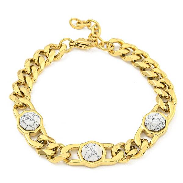 304 Stainless Steel & Natural Howlite Polygon Link Bracelets for Women