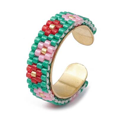 304 Stainless Steel Open Cuff Ring with Glass Seed Beaded