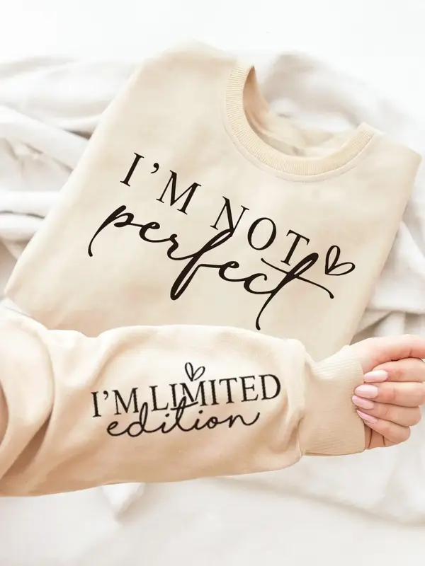 Women's Letter & Heart Print Drop Shoulder Sweatshirt, Fashion Casual Crew Neck Long Sleeve Pullover for Daily Wear, Fall Clo...