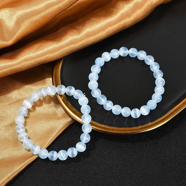 Dyed Natural Selenite Round Beaded Stretch Bracelets for Women