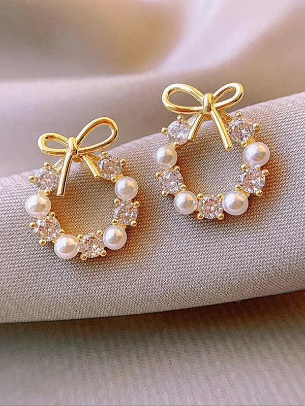 Faux Pearl & Rhinestone Decorated Bow Design Stud Earrings (1 Pair), Elegant Cute Jewelry for Party, Daily Clothing Decor for...
