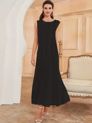 Women's Modest Sleeveless Satin Arabian Dress, Casual Boat Neck Long Dress for Summer, Women's Islamic Clothing for Daily Wea...