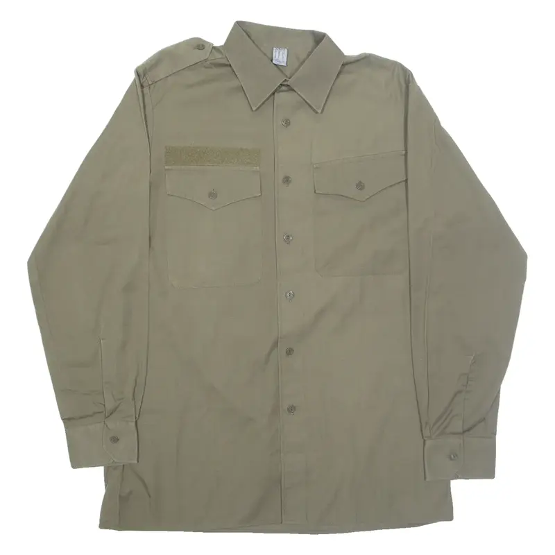 Military Mens Plain Shirt Brown Long Sleeve S