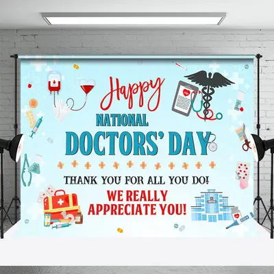 Blue Happy National Doctors Day Thank You Backdrop - Aperturee
