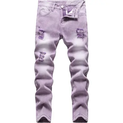 ​​Boy's Washed Solid Color Skinny Jeans - Fashion Ripped Distressed Destroyed Denim Pants​​