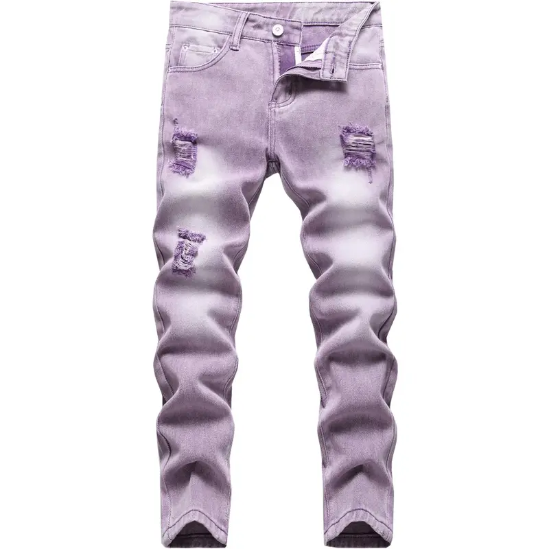 ​​Boy's Washed Solid Color Skinny Jeans - Fashion Ripped Distressed Destroyed Denim Pants​​