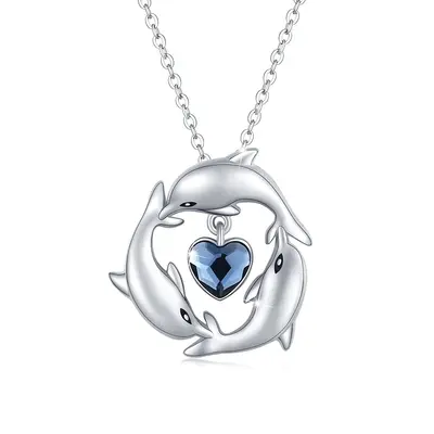Sterling Silver Heart Crystal Dolphin Pendant Necklace For Women