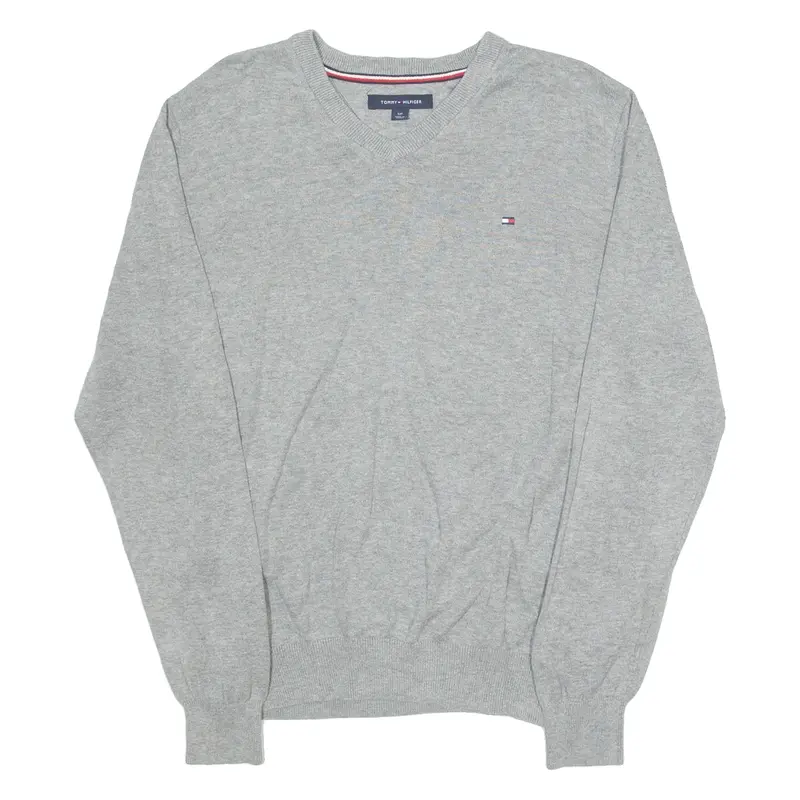 TOMMY HILFIGER Mens Jumper Grey V-Neck Tight Knit S