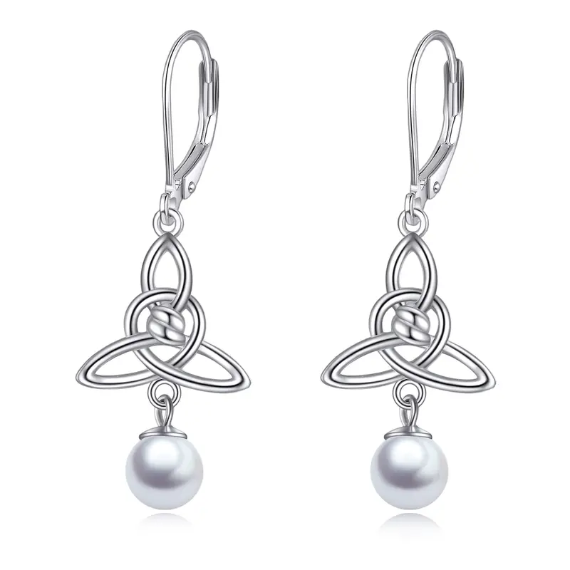 Sterling Silver Pearl Celtic Knot Lever-back Earrings
