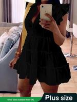 【Plus Size】 Solid Ruffle Trim Tiered Layer Shirt Dress, Casual Cap Sleeve Collared Dress for Summer, Women's Clothes for ...