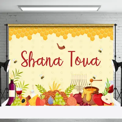 Aperturee Yellow Bee Honeycomb Food Shofar Shana Tova Backdrop - Aperturee