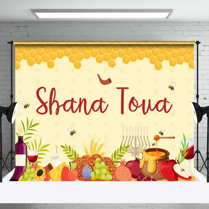 Aperturee Yellow Bee Honeycomb Food Shofar Shana Tova Backdrop - Aperturee