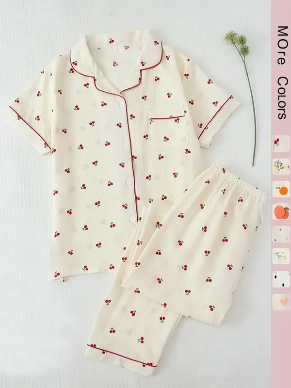 Two-Piece Set Women's All Over Print Pajama Set, Button Front Short Sleeve Shirt & Elastic Waist Pants Lounge Co-ord Set, Su...