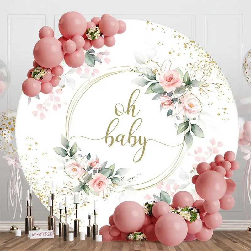 Oh Baby Floral Greenery Round Gender Reveal Backdrop - Aperturee