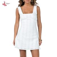 Women’s Summer Tank Dress Sleeveless Square Neck Lace Trim Solid Color A-line Dress Short Mini Dress