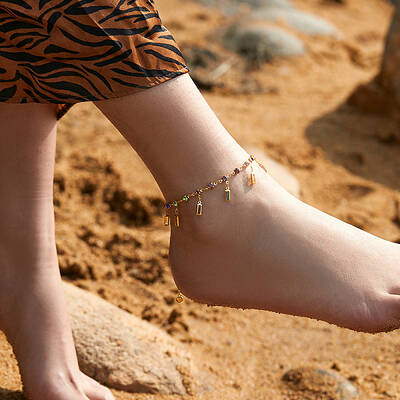 Bohemian Brass & Acrylic Flat Round Link Chain Anklets with Colorful Rectangle Tassel