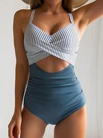 Women's Colorblock Striped Print Criss Cross Cut Out Ruched One-piece Swimsuit, Summer Tummy Control Swimwear, Tie Back Sleev...