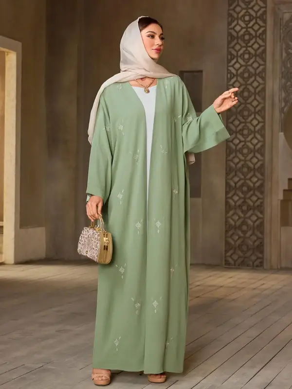 Women's Embroidery Long Sleeve Abaya, Modest Fashion Open Front Abaya for Daily Wear, Women's Islamic Clothing for Spring & F...
