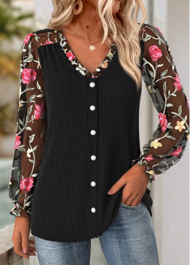 Modlily Black Frill Floral Print Long Sleeve V Neck Blouse - M