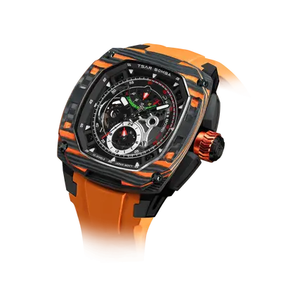 TSAR BOMBA Men's Automatic Watch | Orange | Titanium Case | Carbon Fiber Bezel | Skeleton Dial | 10ATM Waterproof Mechanical ...