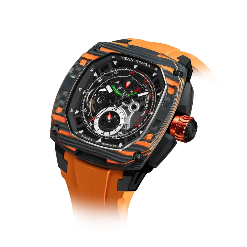 TSAR BOMBA Men's Automatic Watch | Orange | Titanium Case | Carbon Fiber Bezel | Skeleton Dial | 10ATM Waterproof Mechanical ...