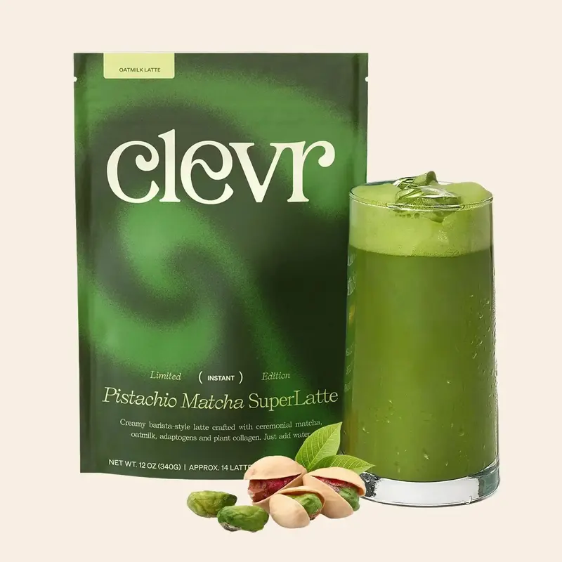 Clevr Honey Pistachio Matcha SuperLatte - Toasted Pistachio, Honey, & Ceremonial Matcha Blend with Oat Milk, Lions Mane, Reis...
