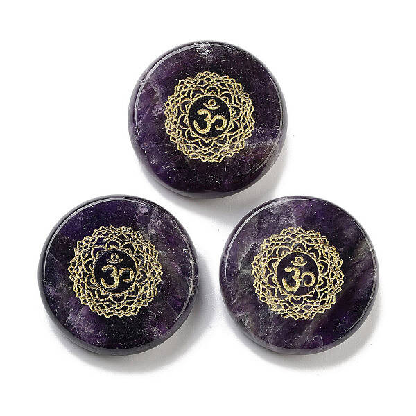 Natural Amethyst Flat Round with Chakra Sign Figurines Display Decorations