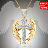 1pc Men's Fashion Rhinestone Angel Cross Pendant Necklace, Hiphop Necklace Jewelry, Anniversary Birthday Gift