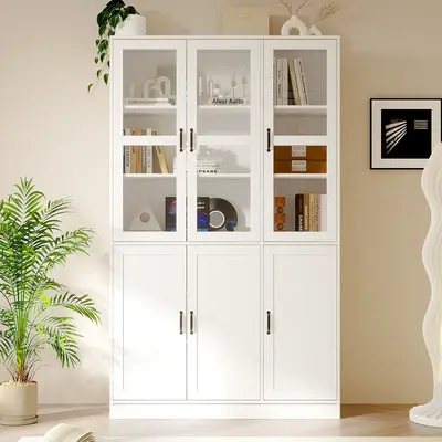 VOWNER 79 Tall Kitchen Pantry Storage Cabinet with 3 Glass Door, 12 Shelves, Organizer, Freestanding Cupboard for Kitchen, ...