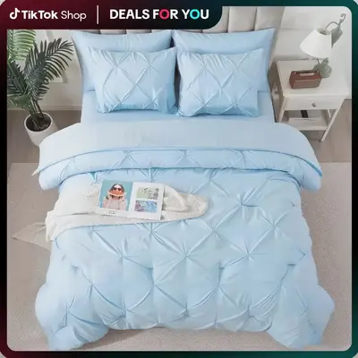 Cosybay Queen Comforter Set 7-Piece Bed in a Bag Light Blue Premium Microfiber Down Alternative Quilted Comforter Flat Sheet ...