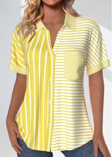 Modlily Light Yellow Pocket Striped Short Sleeve Shirt - XXL