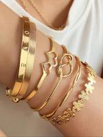 Vintage Knot & Flower Design Engraving Alloy Cuff Bangle (6pcs), Adjustable Bangle Jewelry, Fashion Stackable Bracelets for P...