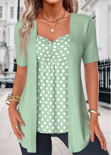 Modlily Green Polka Dot Short Sleeve Fake Two Piece Twinset - XL
