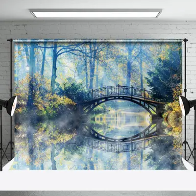 Lake Bridge Trees Foggy Forest Photography Backdrop - Aperturee