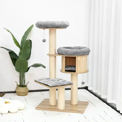 KAMABOKO Wooden Cat Tree Tower with Multi-Level Platforms – Perfect for Climbing, Scratching, and Playtime