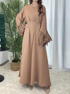 Arabic Clothing-Contrast Lace Long Bell Sleeve Loose Maxi Arabian Dress with Belt, Summer Outfits 2024, Elegant Kaftan Muslim...
